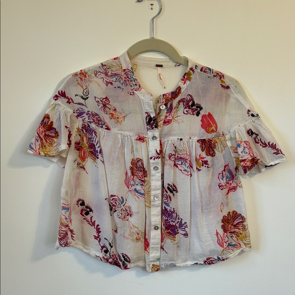 Free People Floral Button-Front Peasant Top - White with Multicolor Print
